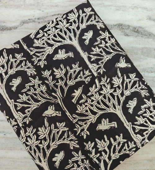 Black and White Cotton Fabric by Yard, Bird Tree Block Print Fabric, Indian Hand Block Cotton, Nature Botanical Fabric for Dressmaking
