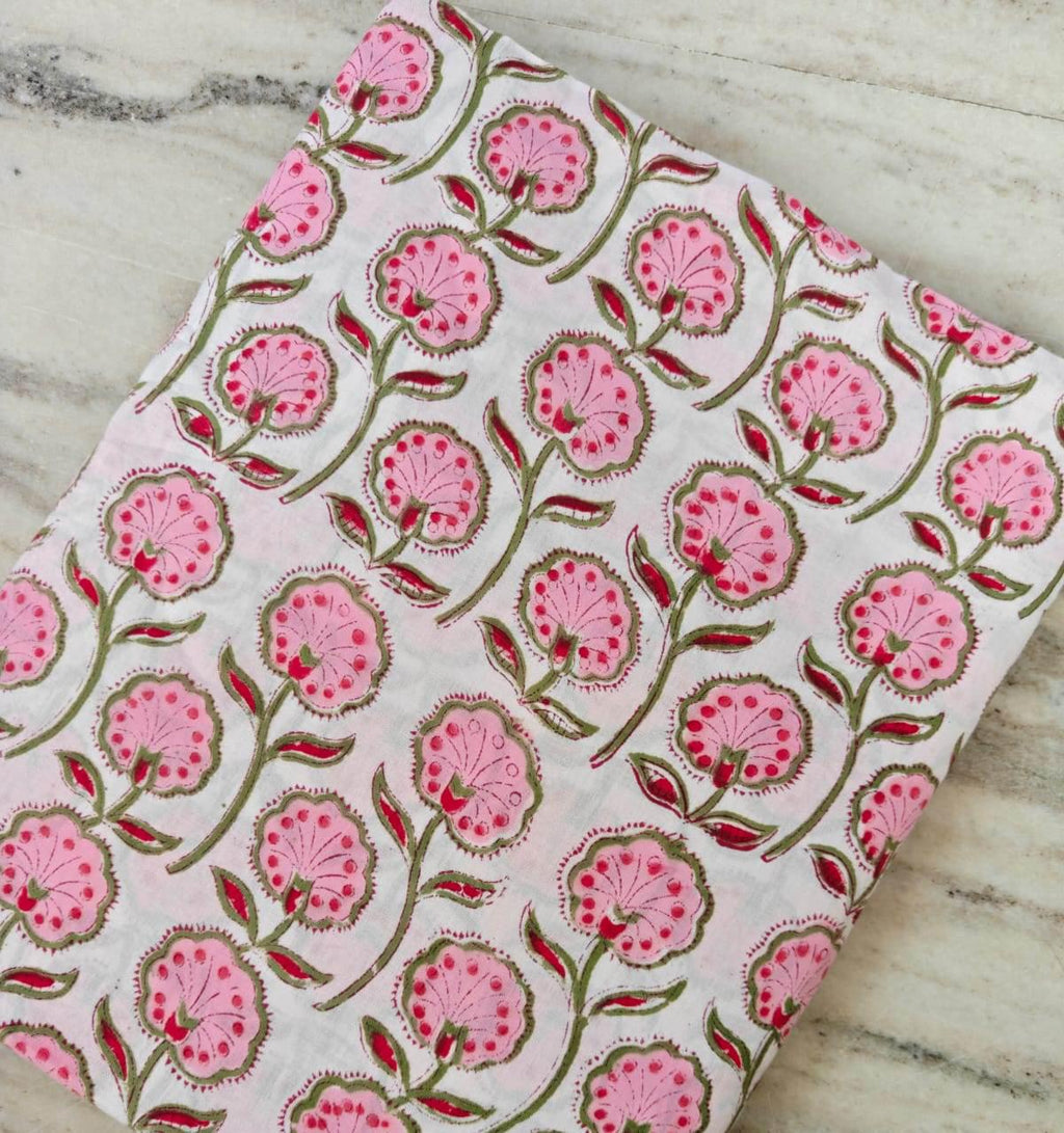 Pink Floral Cotton Fabric by Yard, Indian Block Print Fabric, Hand Block Flower Print Material, Soft White Cotton for Dressmaking, Quilting