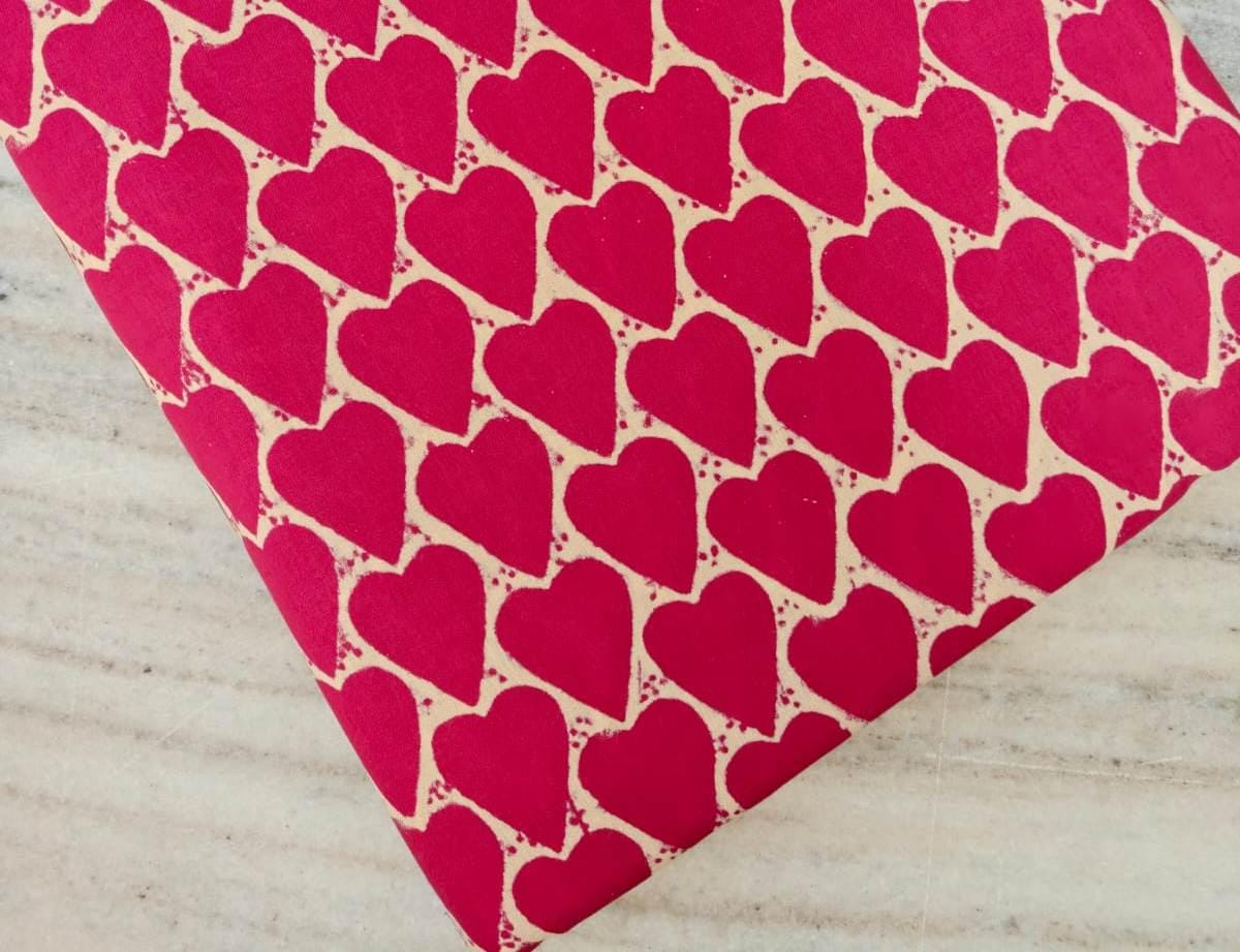 Red Heart Print Cotton Fabric, Valentine’s Day Indian Hand Block Print Fabric, Cute Block Print Fabric by the Yard, Loose Running Fabric