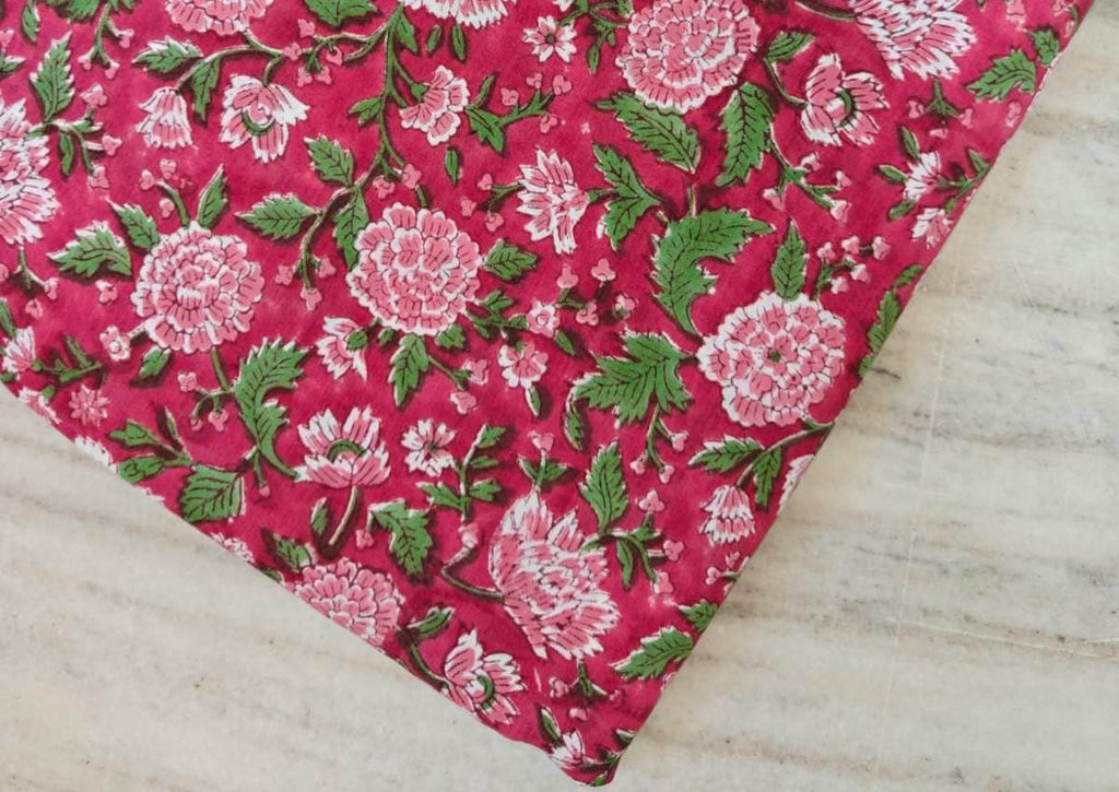 Pink Floral Cotton Fabric by the Yard, Hand Block Print Fabric, Quilting, Sewing, Dressmaking, Cushion Covers, Indian Cotton Fabric