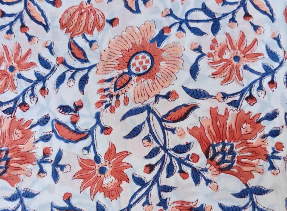 Blue Floral Cotton Fabric by Yard | Red Flower and White Base Hand Block Print | Indian Soft Cotton for Quilting, Dressmaking, Sewing Crafts