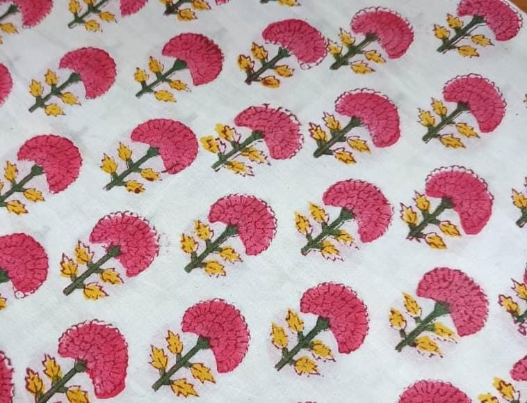 Hand Block Print Cotton Fabric, Pink Floral Fabric, Indian Cotton Fabric by the Yard Soft Lightweight Fabric for Sewing Quilting Dressmaking