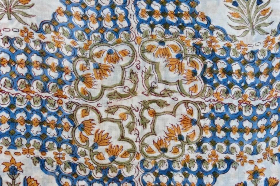 Sky Blue Floral Medallion Cotton Fabric, Hand Block Print Style Textile, Boho Cloth, Soft Lightweight Sewing Fabric, Dress Making Fabric