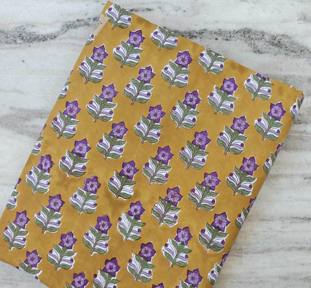 Mustard Yellow Floral Cotton Fabric, Purple Flower Block Print Fabric, Indian Cotton Fabric by the Yard, Lightweight Sewing Quilting Fabric