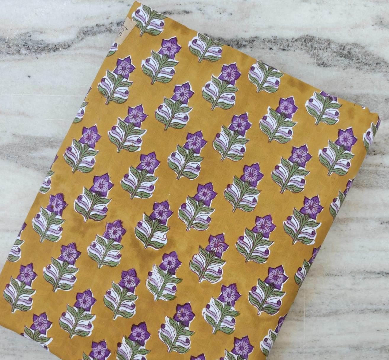 Mustard Yellow Floral Cotton Fabric, Purple Flower Block Print Fabric, Indian Cotton Fabric by the Yard, Lightweight Sewing Quilting Fabric