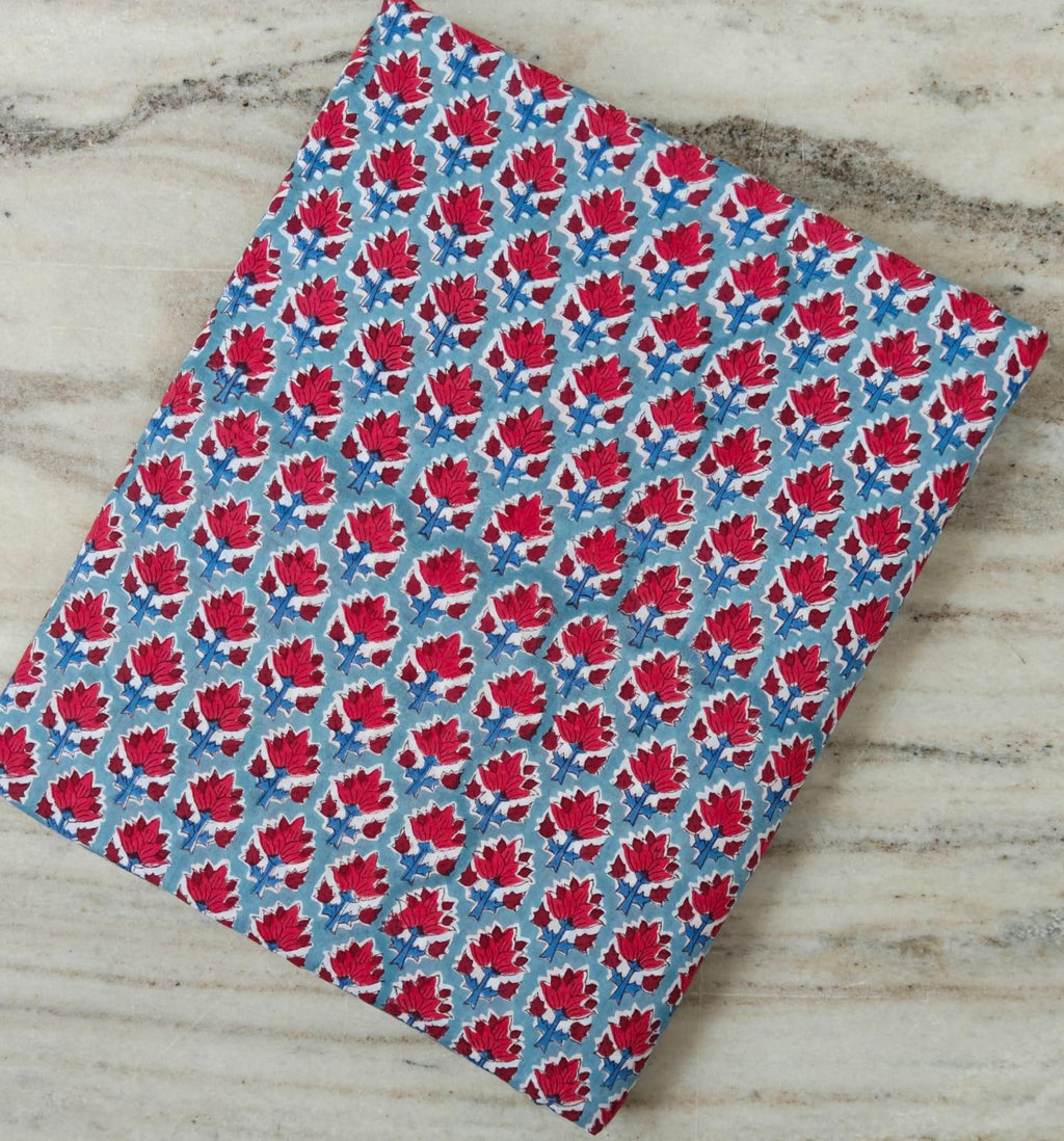 Red Lotus Floral Cotton Fabric, Hand Block Print Fabric by the Yard, Indian Soft Cotton for Quilting, Sewing, Dressmaking, Home Decor
