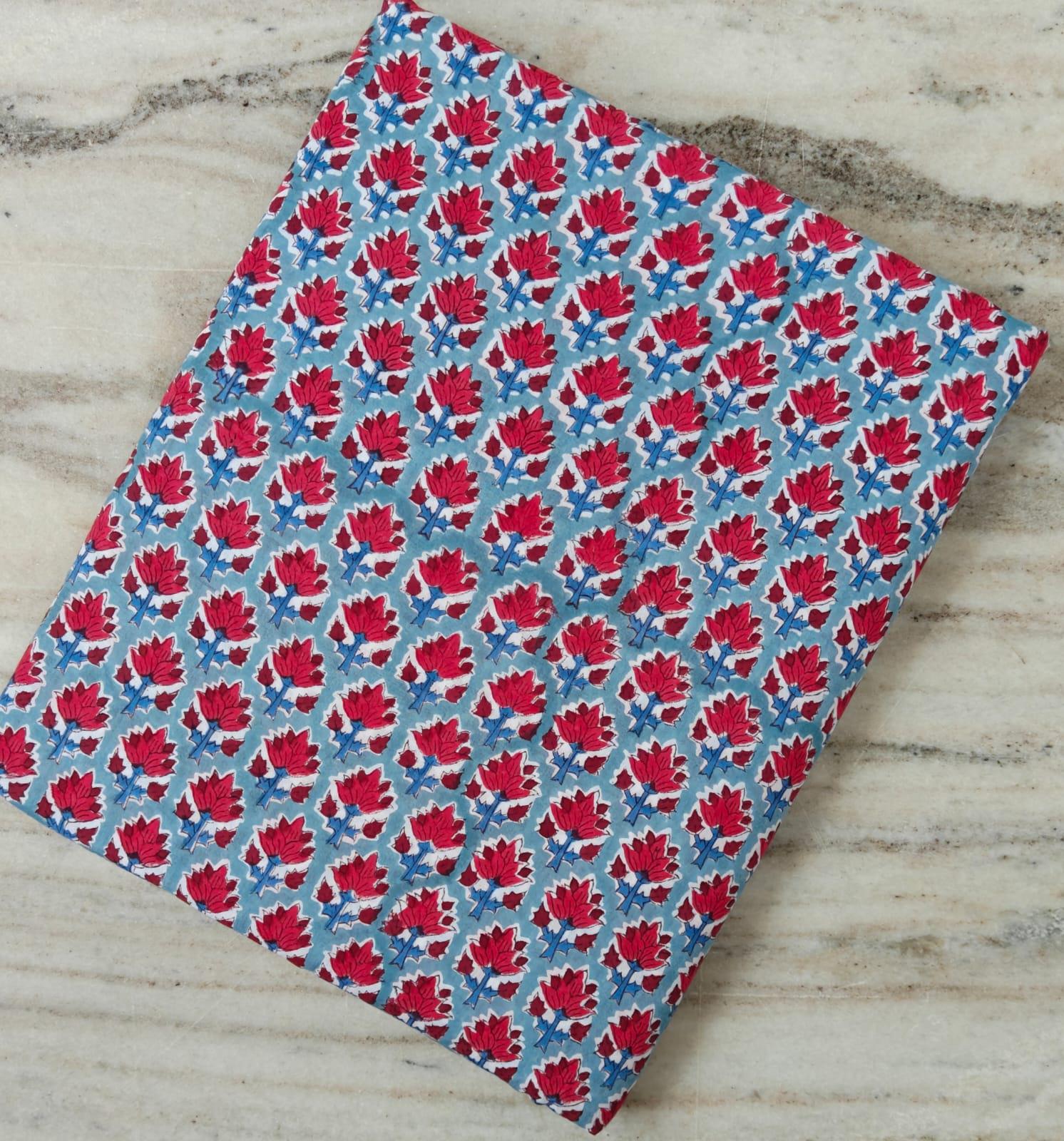 Red Lotus Floral Cotton Fabric, Hand Block Print Fabric by the Yard, Indian Soft Cotton for Quilting, Sewing, Dressmaking, Home Decor