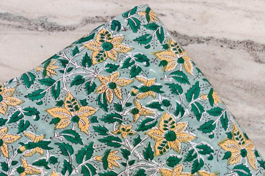 Green Floral Indian Hand Block Print Fabric, Yellow Flower Print 100% Soft Cotton Fabric By The Yard, Loose Running Fabric, Napkin Fabric