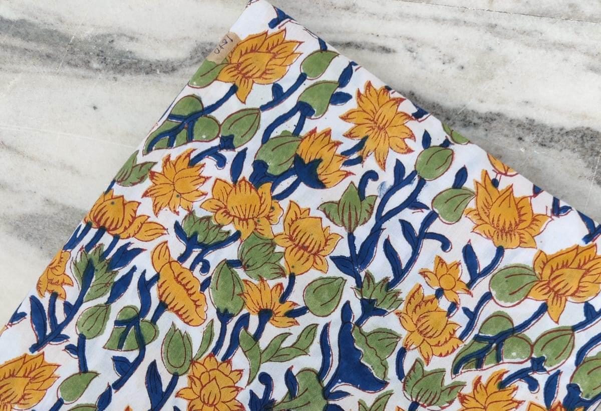 Yellow Floral Cotton Fabric, Hand Block Print Fabric by Yard, Indian Soft White Cotton for Quilting, Sewing, Dressmaking, Running Fabric