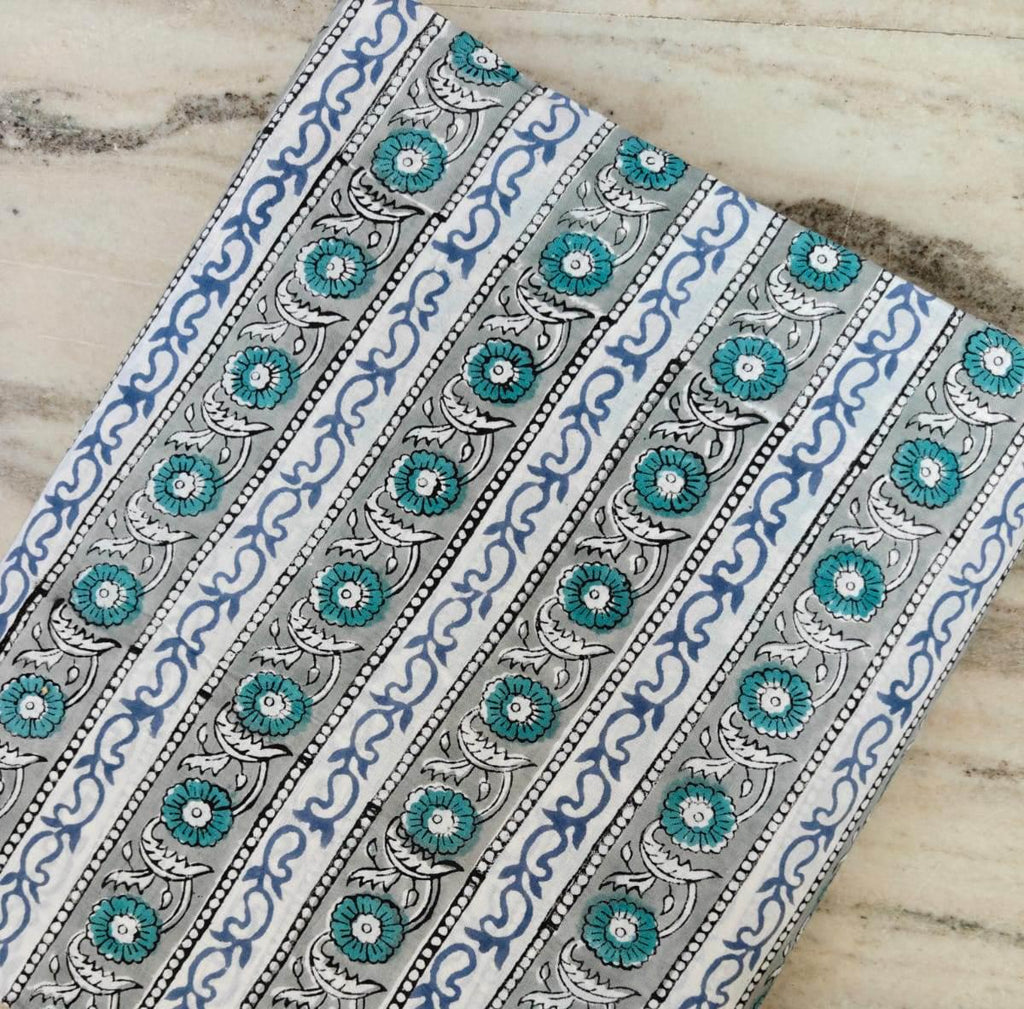Blue Teal Floral Block Print Cotton Fabric, Indian Hand Block Style Striped Fabric, Fabric for Loose Running, Dress Making, Textile Fabric