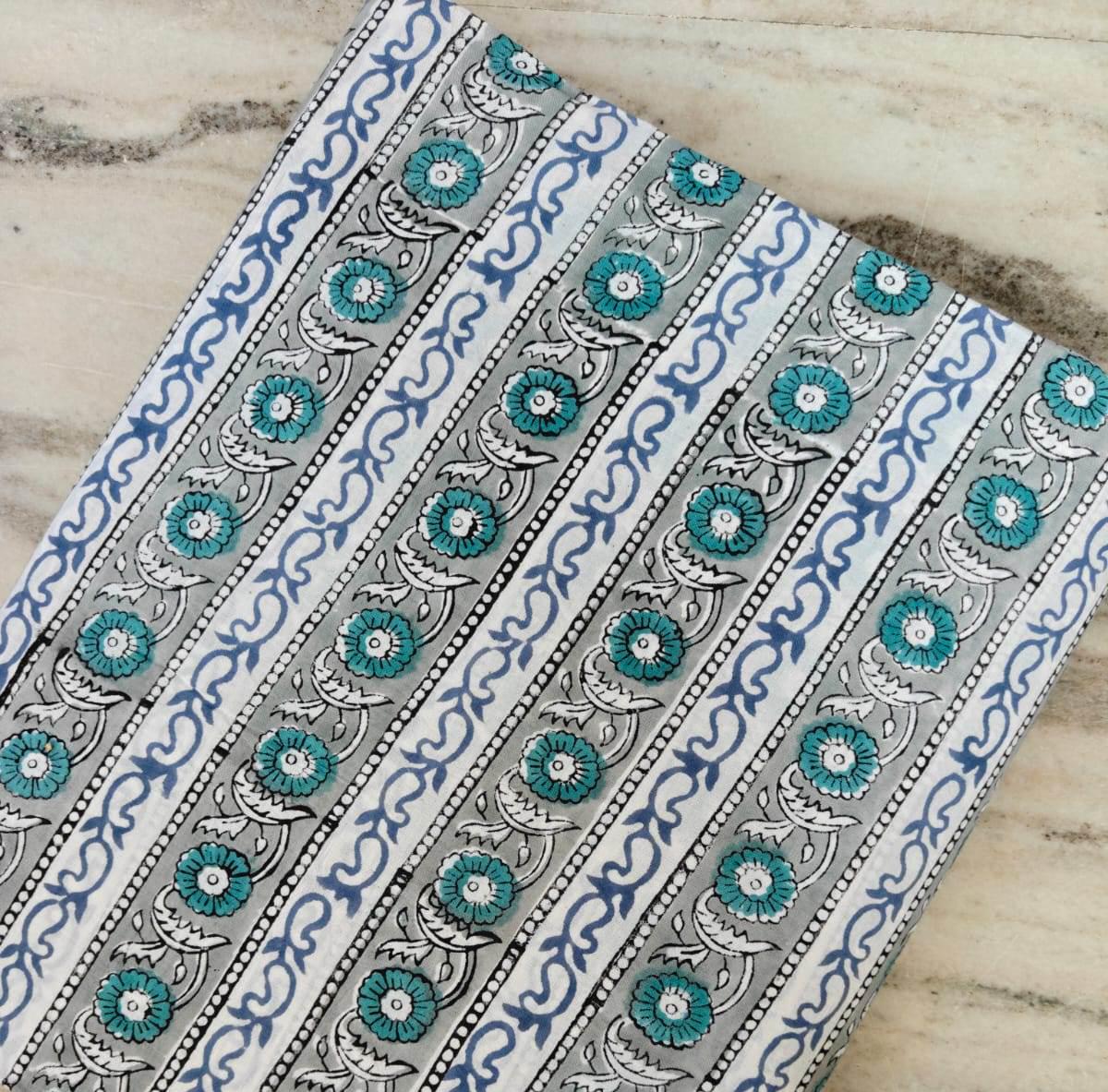 Blue Teal Floral Block Print Cotton Fabric, Indian Hand Block Style Striped Fabric, Fabric for Loose Running, Dress Making, Textile Fabric