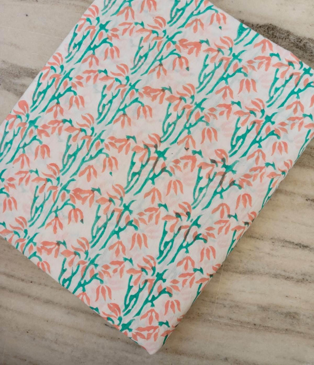 Peach Green Floral Cotton Fabric by Yard, Lightweight Botanical Print Cotton for Sewing, Quilting, Dressmaking & DIY Projects, Napkins