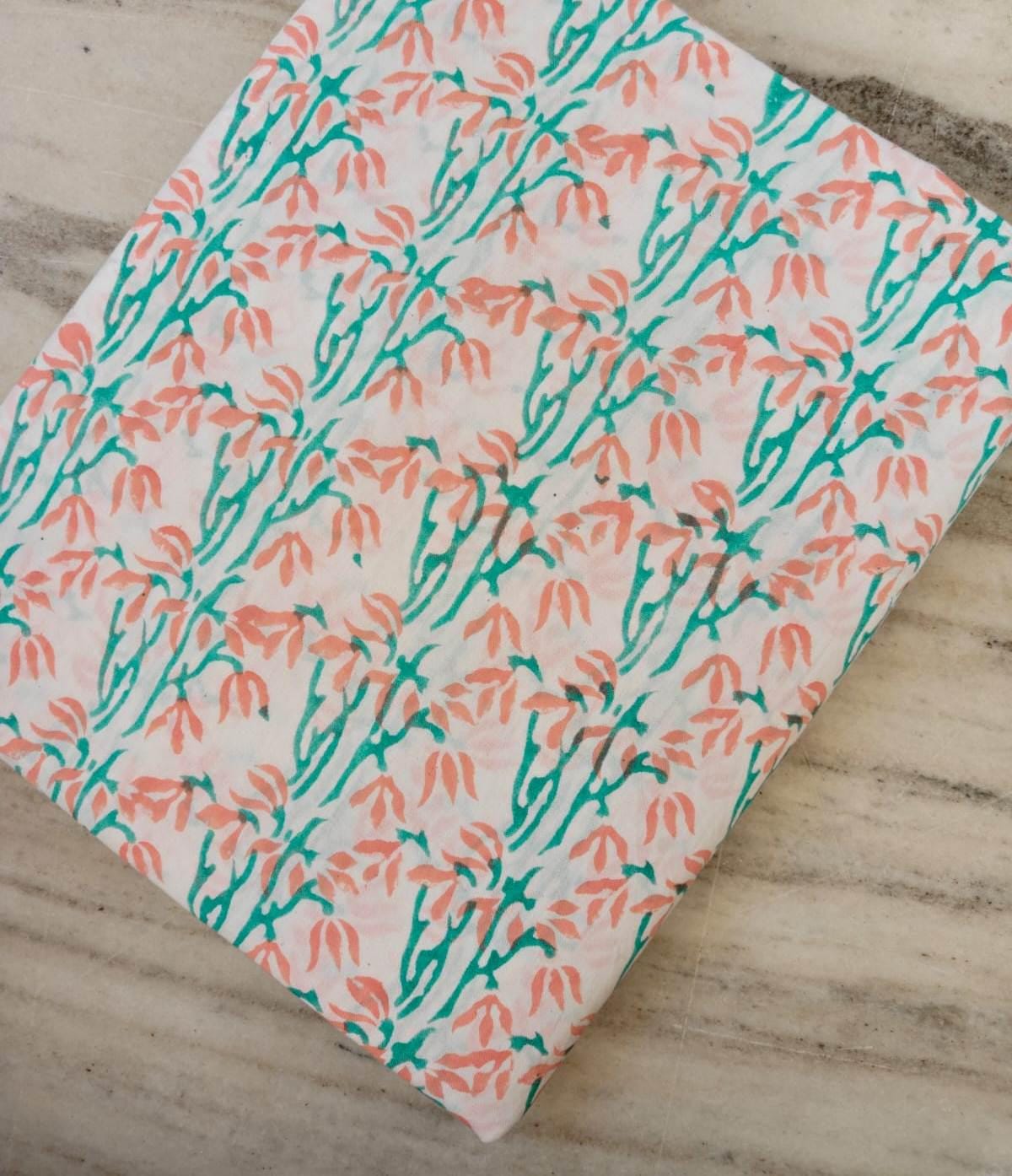 Peach Green Floral Cotton Fabric by Yard, Lightweight Botanical Print Cotton for Sewing, Quilting, Dressmaking & DIY Projects, Napkins
