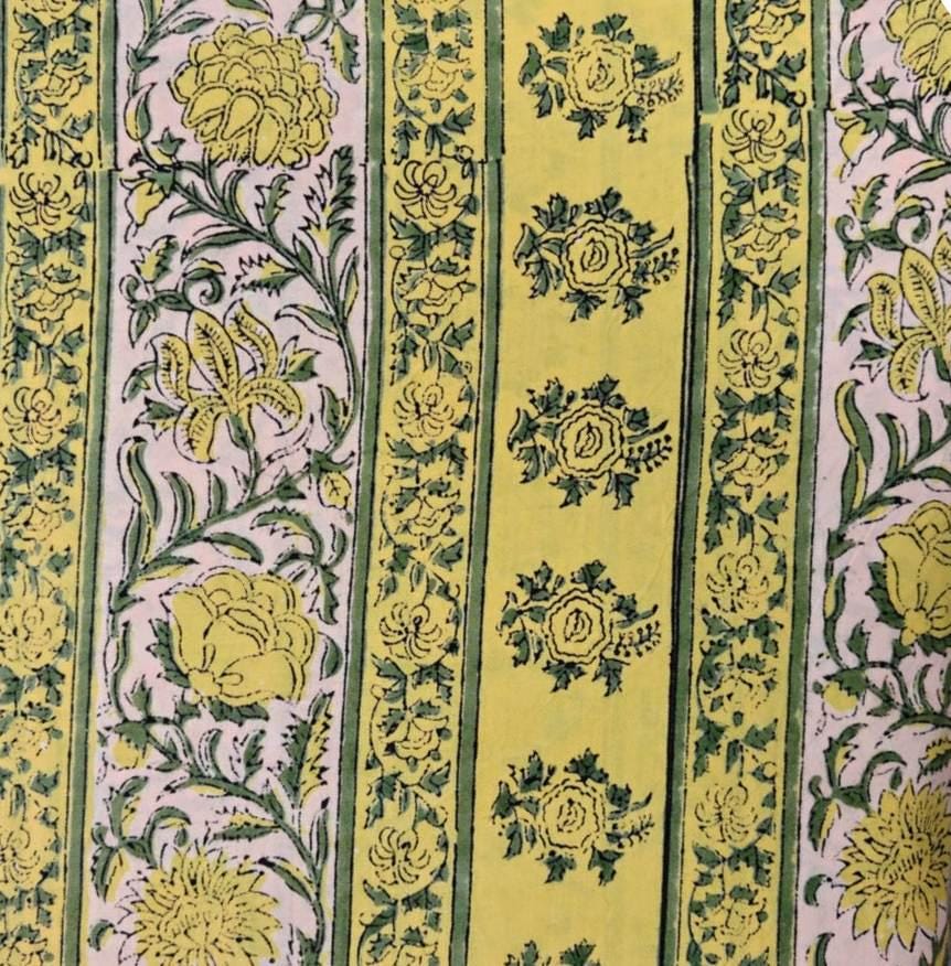 Yellow Floral Stripe Cotton Fabric, Block Print Fabric, Indian Cotton Fabric by Yard, Vintage Style Flower Fabric, Sewing Craft Fabric