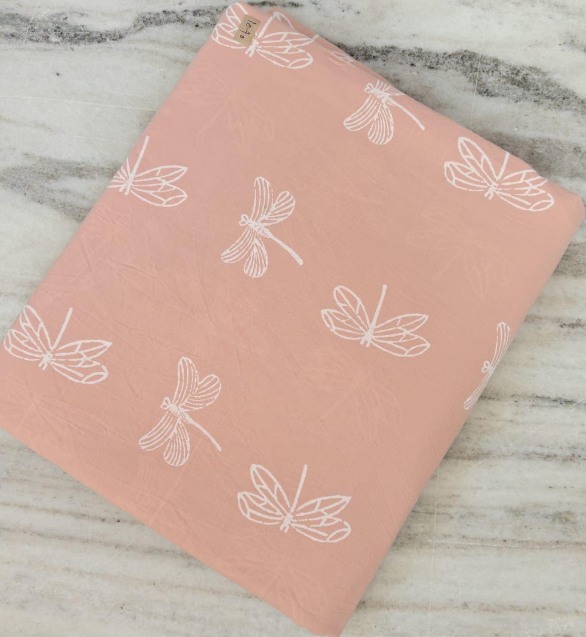 Soft Lightweight Peach Dragonfly Print Cotton Fabric, Indian Hand Block Print Fabric, 100% Cotton Fabric By The Yard, Loose Running Fabric