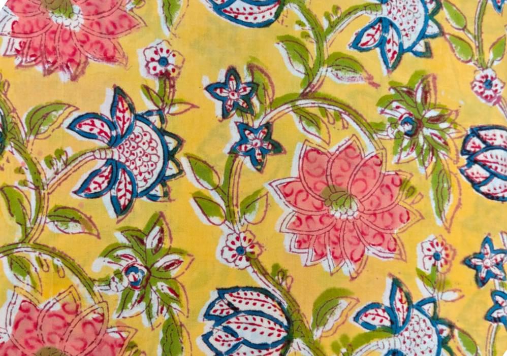 Yellow Floral Cotton Fabric, Indian Block Print Fabric by the Yard, Pink Blue Flower Print, Quilting Sewing Fabric, Loose Running Fabric