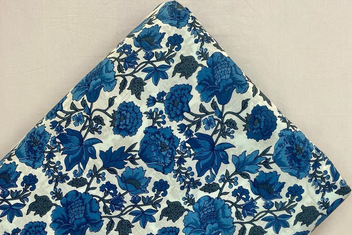Blue Floral Cotton Hand Block Print Fabric, Floral 100% Cotton Quilting Fabric By The Yard, Loose Running Fabric, Textile Fabric, Gifts