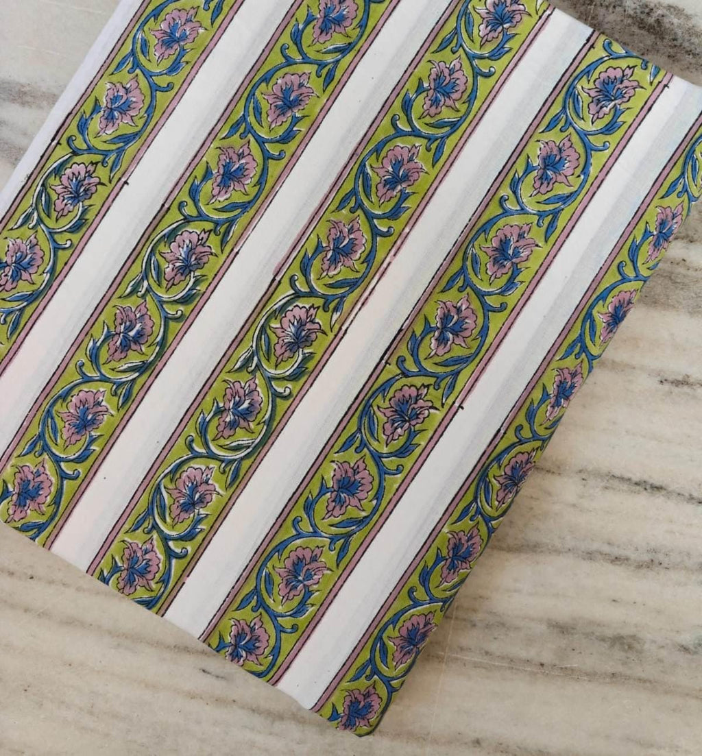 Green Floral Stripe Cotton Fabric, Pink & Blue Block Print Style Cotton, Indian Floral Craft Fabric by the Yard – Quilting, Home Decor