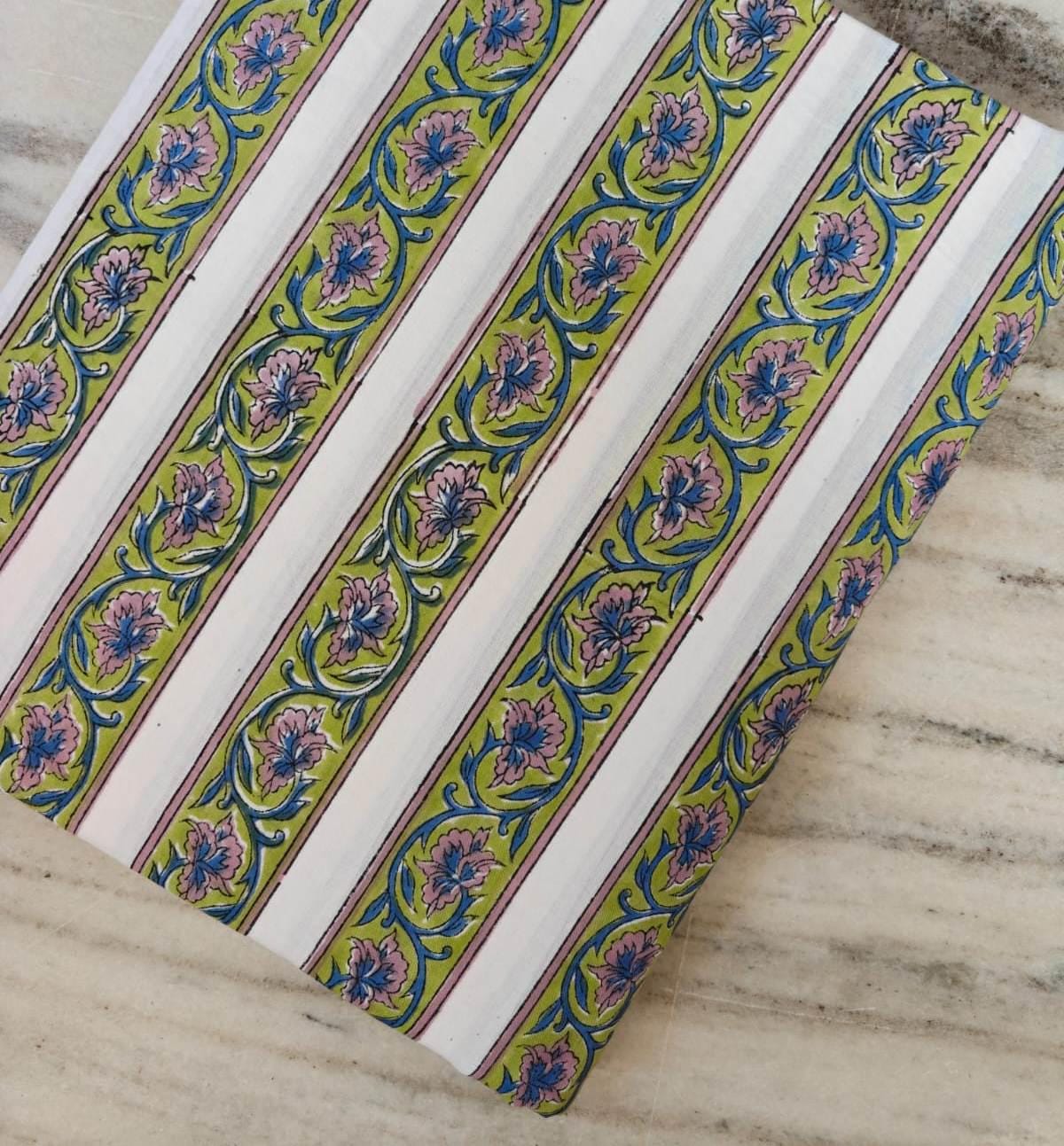 Green Floral Stripe Cotton Fabric, Pink & Blue Block Print Style Cotton, Indian Floral Craft Fabric by the Yard – Quilting, Home Decor