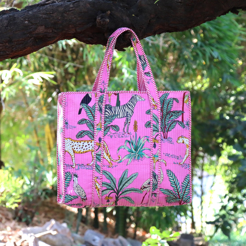 Pink Jungle Safari Print Bags, Handmade Quilted Tote Bag, Cotton Quilted Tote Bag, Indian Bags Shopping Bags, Beach Bag, Shoulder Bags Gifts