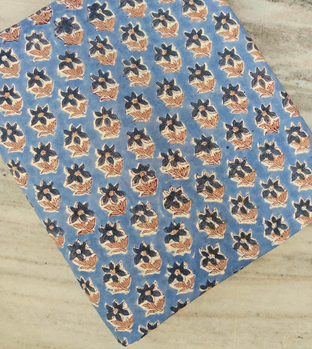 Blue Floral Block Print Cotton Fabric Hand Block Print Fabric Indian Cotton Fabric by Yard Small Flower Print Fabric Natural Cotton Fabric