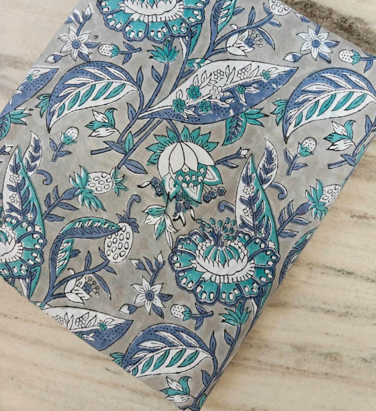 Blue Teal Floral Cotton Fabric by Yard, Grey Background Botanical Print, Indian Block Print Fabric, Upholstery Sewing Fabric, Napkins Fabric