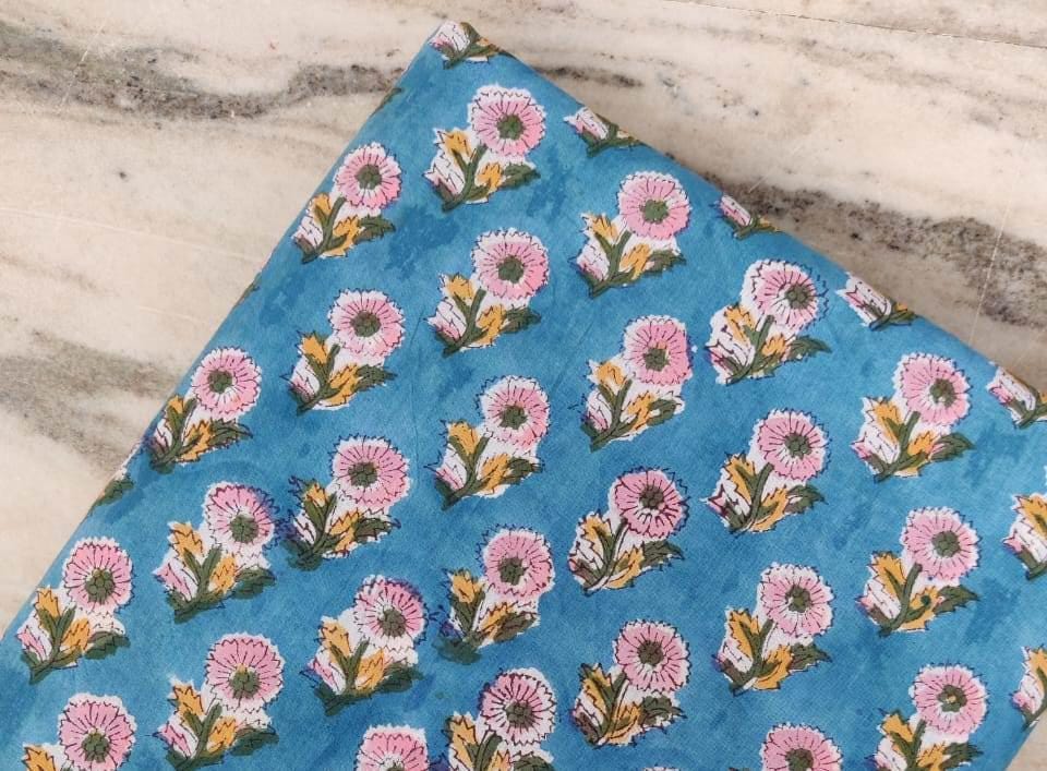 Blue Floral Cotton Fabric by the Yard | Pink Flower Hand Block Print Fabric | Sewing, Quilting, Dressmaking | Craft Cotton | Handmade Fabric