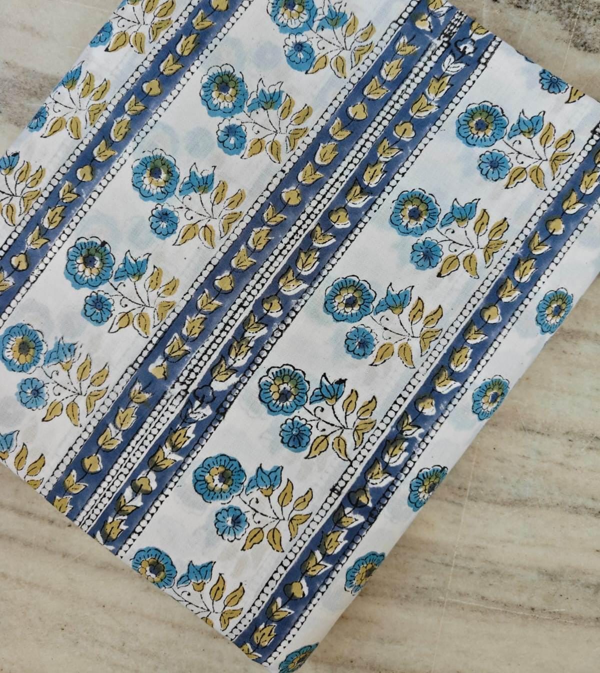 Blue Floral Stripe Cotton Fabric, Indian Block Print Fabric by Yard, White Base Flower Print, Boho Quilting Sewing Dressmaking Craft Fabric