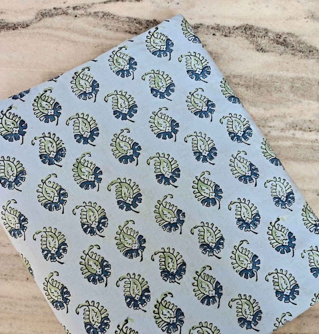 Light Blue Paisley Block Print Cotton Fabric by the Yard, Indian Hand Printed Floral Cotton, Soft Boho Sewing Quilting Cotton Textile Fabric