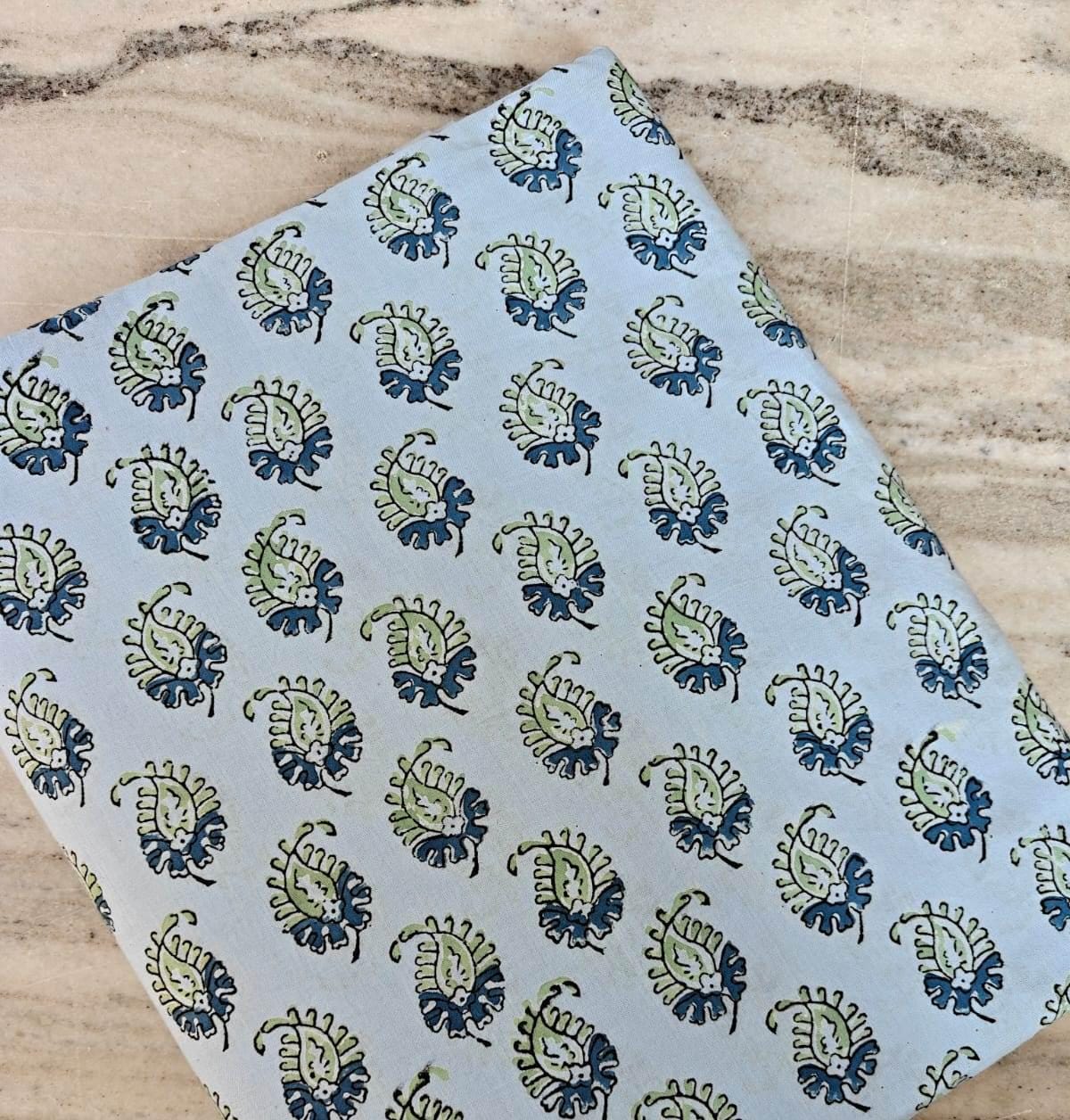Light Blue Paisley Block Print Cotton Fabric by the Yard, Indian Hand Printed Floral Cotton, Soft Boho Sewing Quilting Cotton Textile Fabric