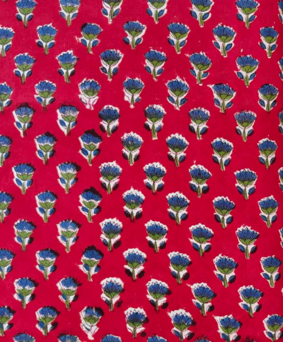 Red Floral Cotton Fabric, Indian Block Print Cotton Fabric, Blue Buti Flower Fabric, Hand Block Print Fabric by the Yard Dress Making Fabric