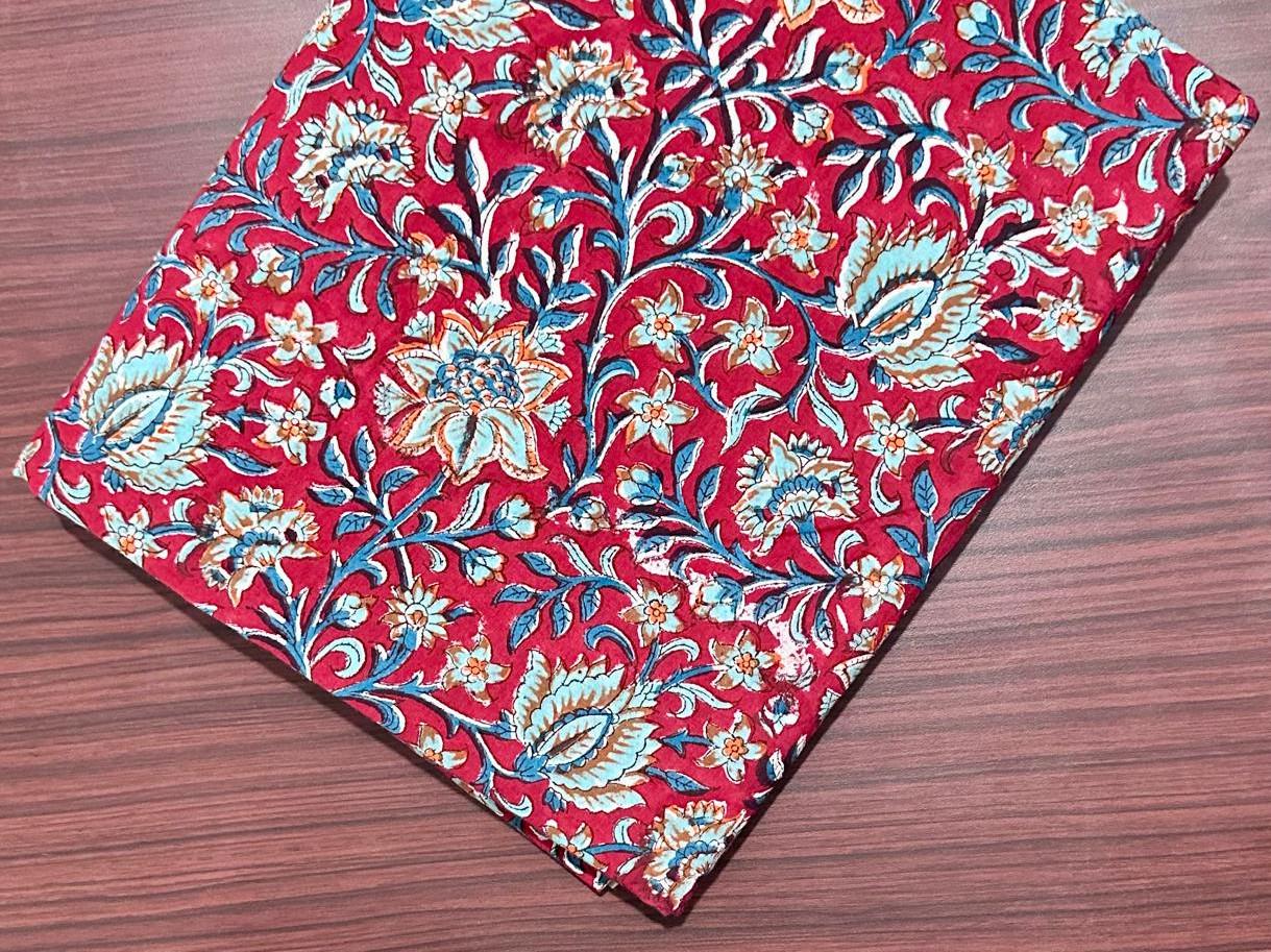 Red Floral Cotton Fabric | Hand Block Print Cotton | Indian Printed Fabric for Sewing, Quilting, Dressmaking & Home Decor | Cotton Napkins