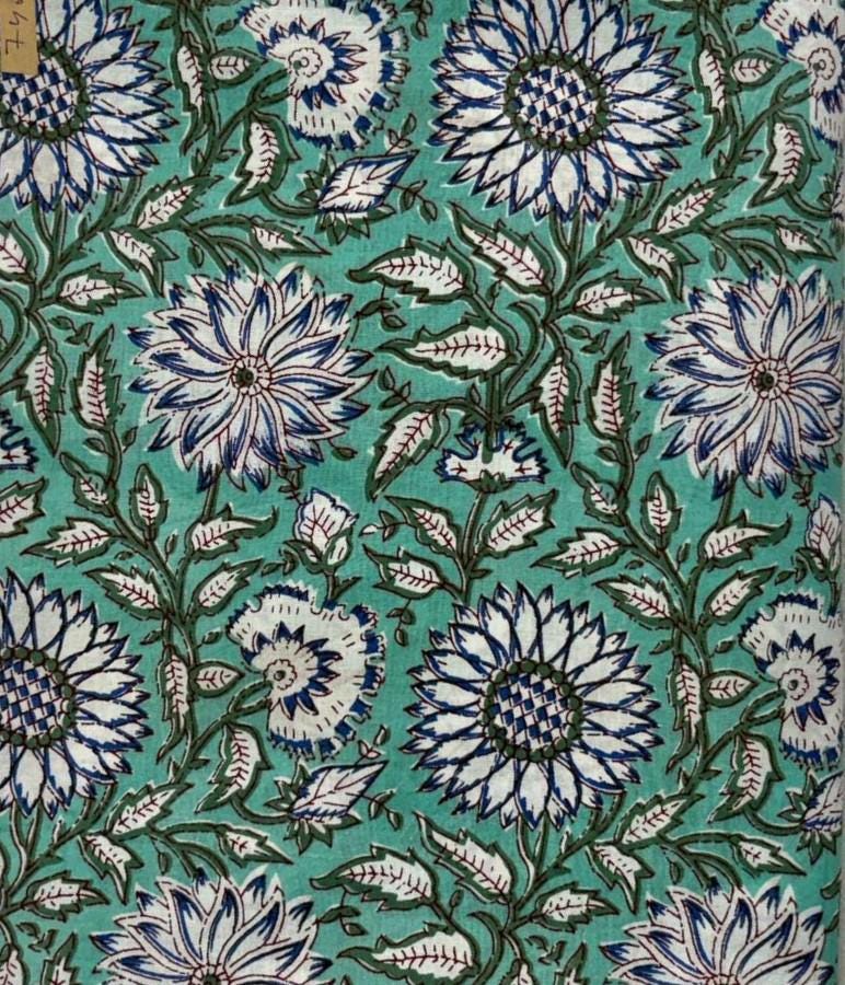 Green Floral Hand Block Print Cotton Fabric, Indian Botanical Flower Print Fabric by Yard, Soft Cotton for Dressmaking, Quilting Home Decor