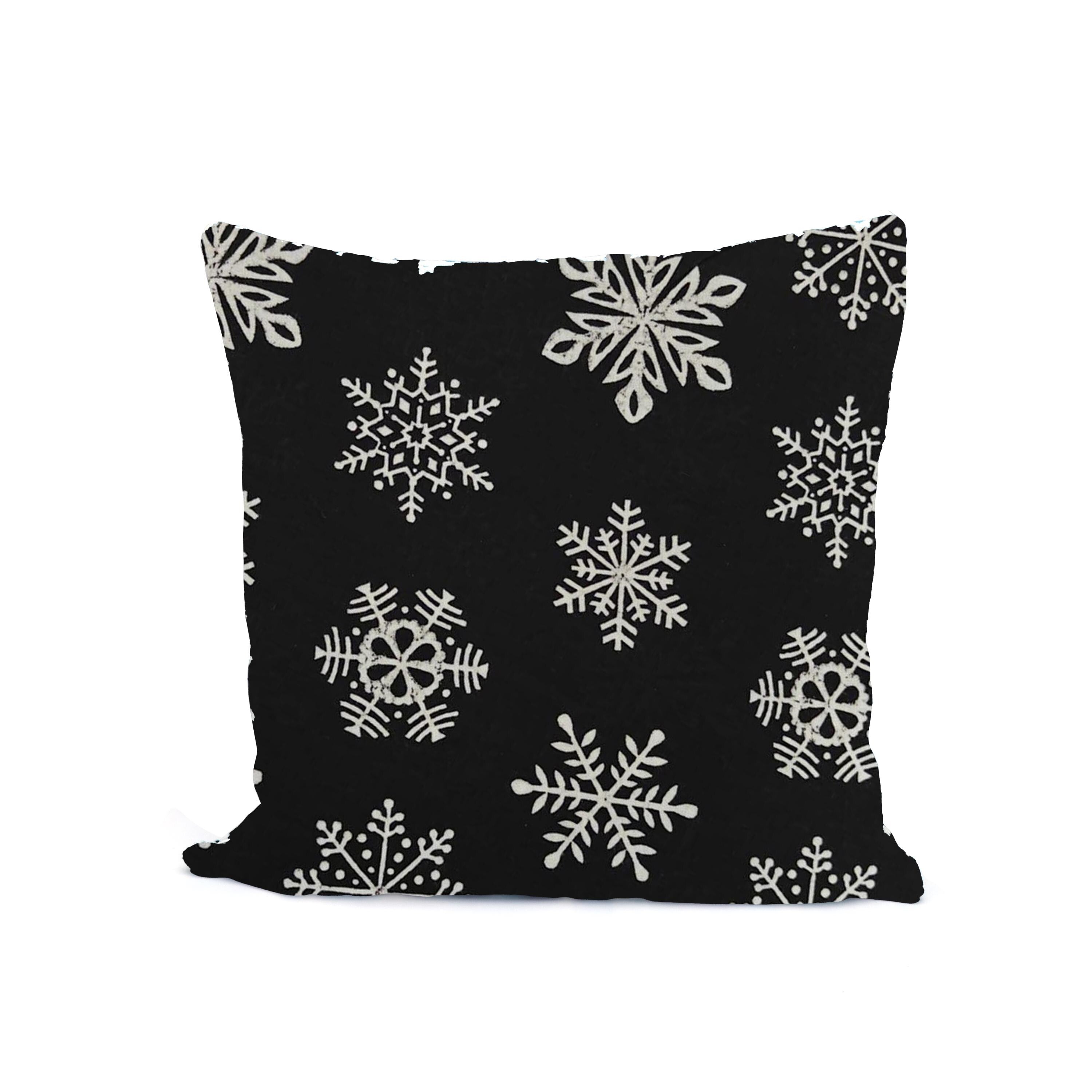 Black Snowflake Cushion Cover Hand Block Print Cotton Pillow Cover Christmas Winter Decor Modern Holiday Throw Pillow Festive Sofa Cushion
