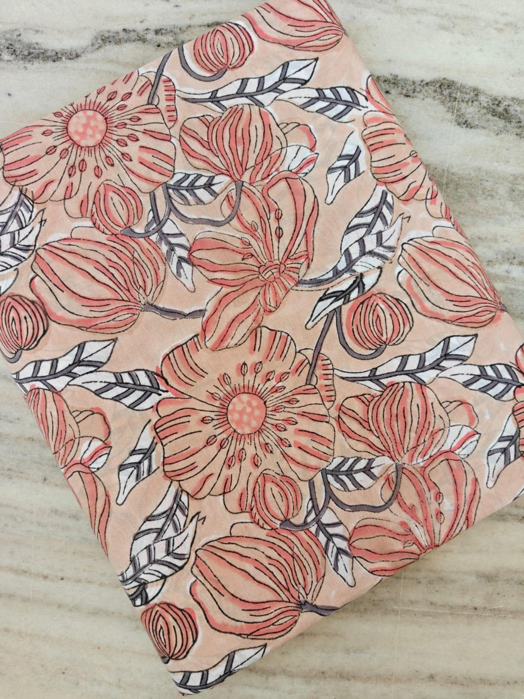Large Floral Block Print Cotton Fabric, Peach Pink Indian Cotton, Hand Printed Boho Fabric for Dressmaking Quilting Sewing Projects, Napkins