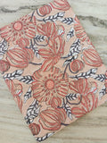 Large Floral Block Print Cotton Fabric, Peach Pink Indian Cotton, Hand Printed Boho Fabric for Dressmaking Quilting Sewing Projects, Napkins