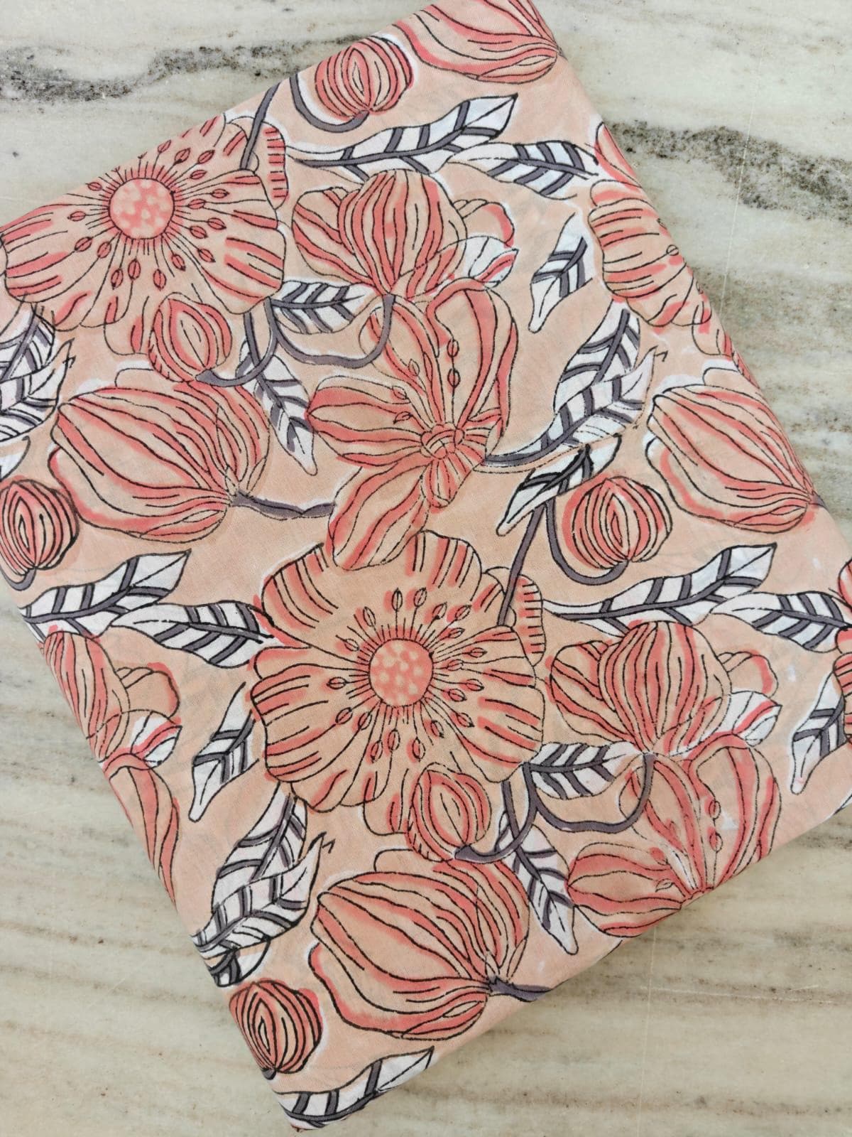 Large Floral Block Print Cotton Fabric, Peach Pink Indian Cotton, Hand Printed Boho Fabric for Dressmaking Quilting Sewing Projects, Napkins