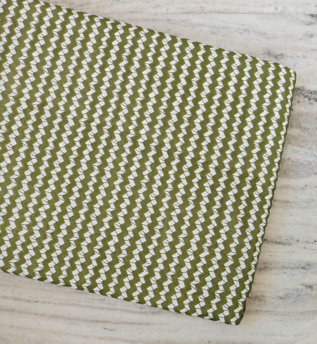 Green Zigzag Cotton Fabric by the Yard, Geometric Chevron Print Fabric, Modern Upholstery Fabric, Quilting Sewing Craft, Olive Green White