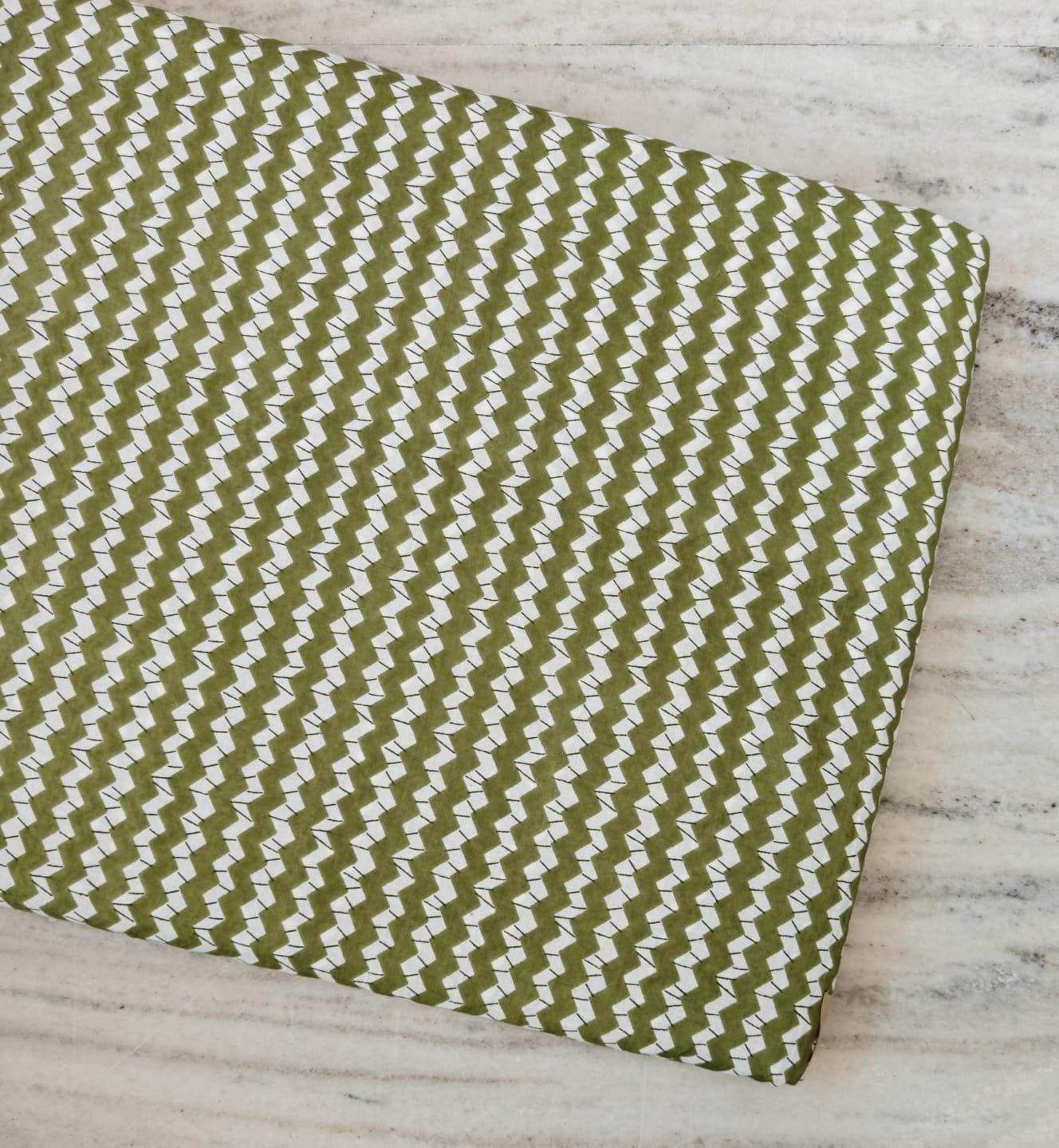 Green Zigzag Cotton Fabric by the Yard, Geometric Chevron Print Fabric, Modern Upholstery Fabric, Quilting Sewing Craft, Olive Green White