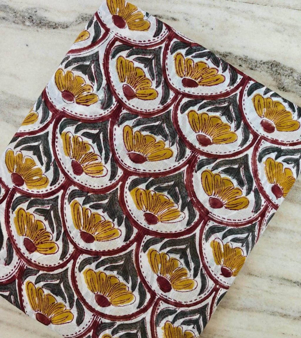 Mustard Yellow & Maroon Scallop Floral Cotton Fabric, Hand Block Print Style, Indian Botanical Textile, Boho Sewing Fabric Dressmaking