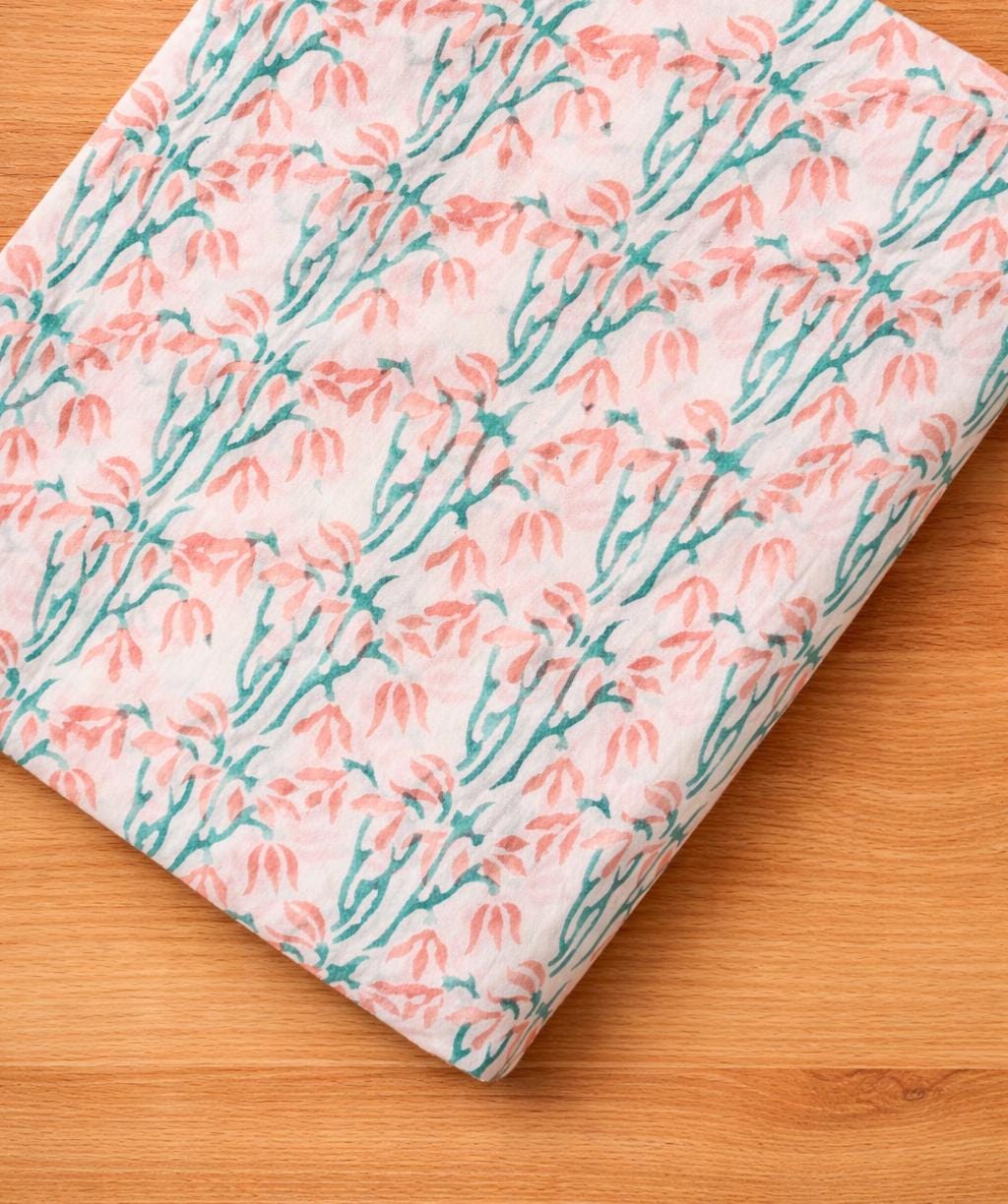 Colourful Hand Block Print Cotton Fabric, Coral Peach & Teal Floral Indian Cotton, Soft Printed Fabric by Yard for Sewing Quilting Textile