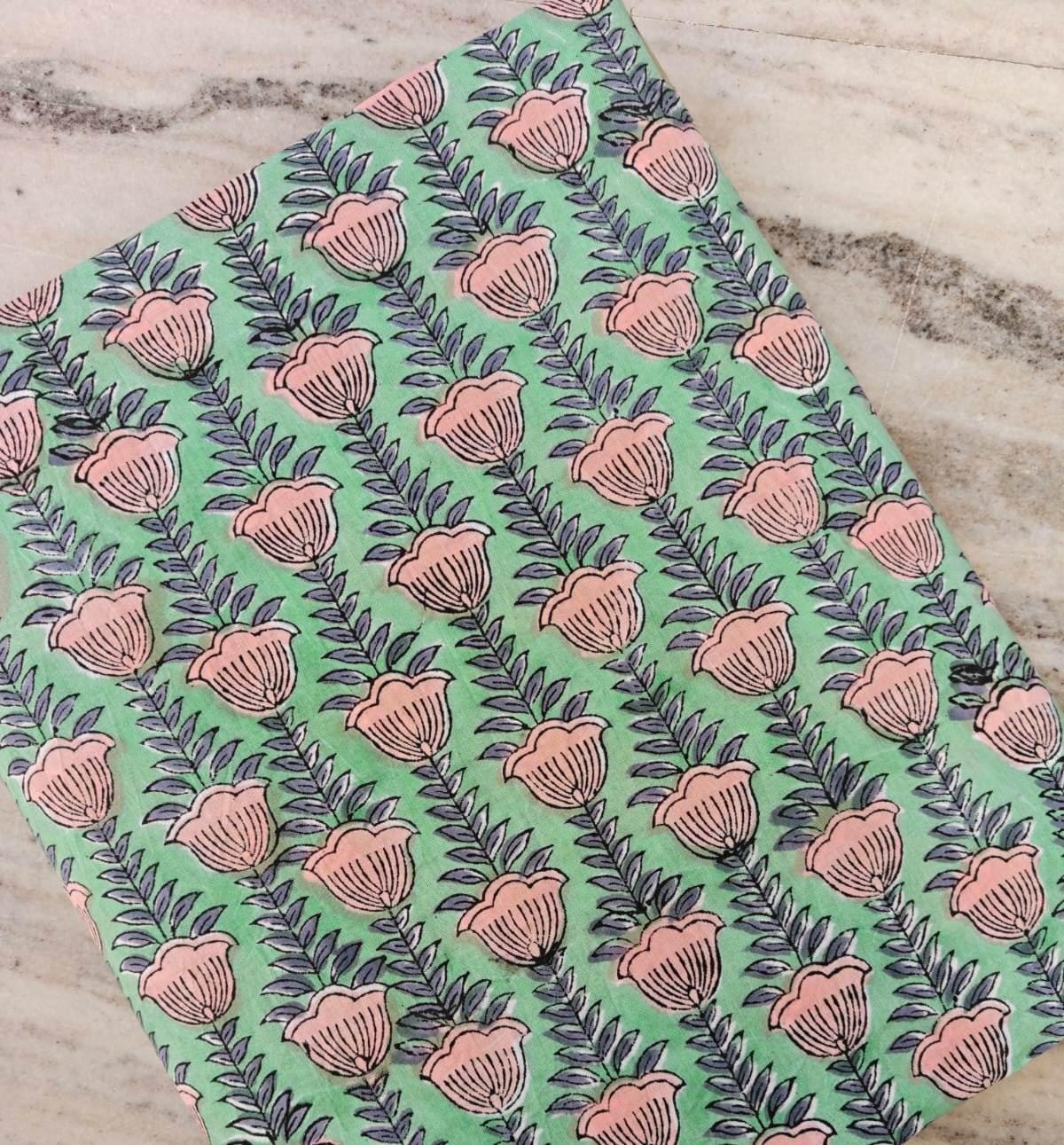 Mint Green Floral Cotton Fabric by Yard, Pink Tulip Hand Block Print Fabric, Indian Cotton Material for Dress, Quilting, Craft & Home Decor