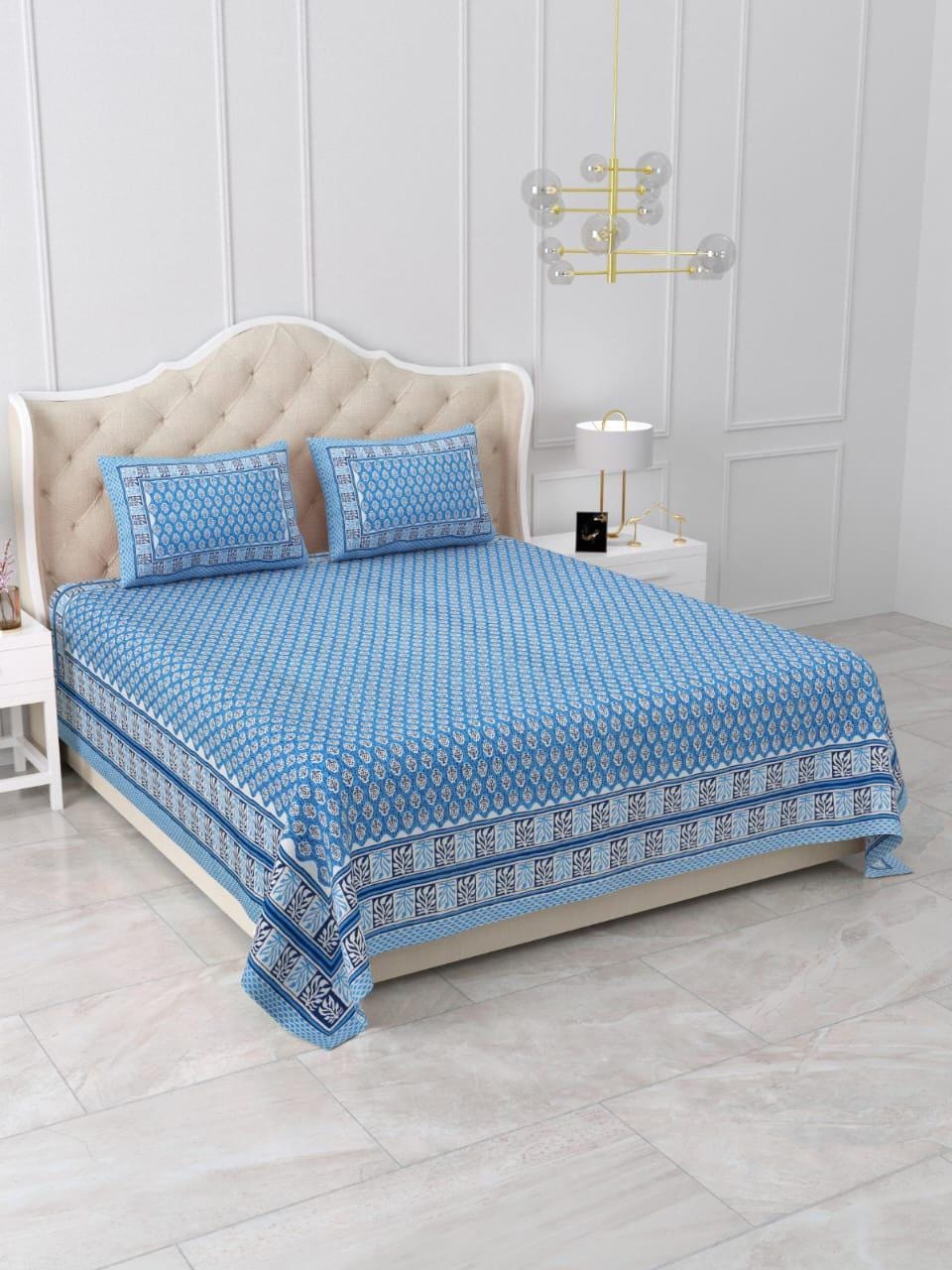 Blue Hand Block Print Cotton Bedsheet with Pillow Covers, Queen Size Bedding Set, Floral Indian Bedspread, Soft Breathable Summer Sheet