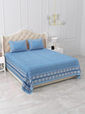 Blue Hand Block Print Cotton Bedsheet with Pillow Covers, Queen Size Bedding Set, Floral Indian Bedspread, Soft Breathable Summer Sheet