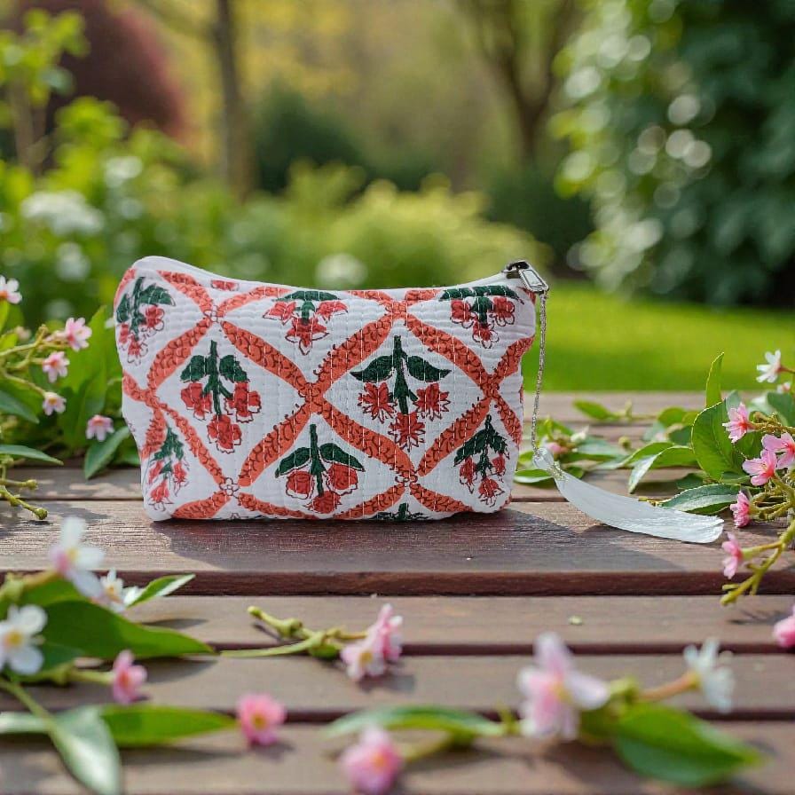 Vintage Indian Toiletry Bag, Personalized Block Print Makeup Bag, Cosmetic Bag for Women, Gifts for Mom, Quilted Cotton Travel Pouch Set