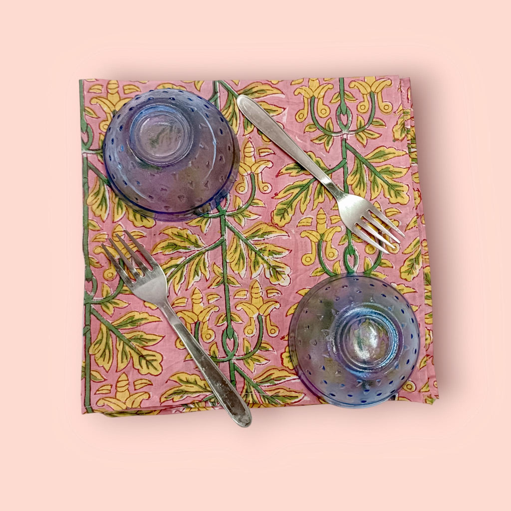Pink Cotton Napkins with Yellow Green Floral Print | Hand Block Print Cloth Napkins | Reusable Dinner Napkins for Table Decor Dining