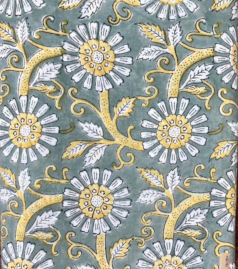 Grey Floral Block Print Cotton Fabric, Indian Hand Printed Fabric by Yard, Vintage Flower Pattern for Sewing Quilting, Handmade Fabrics