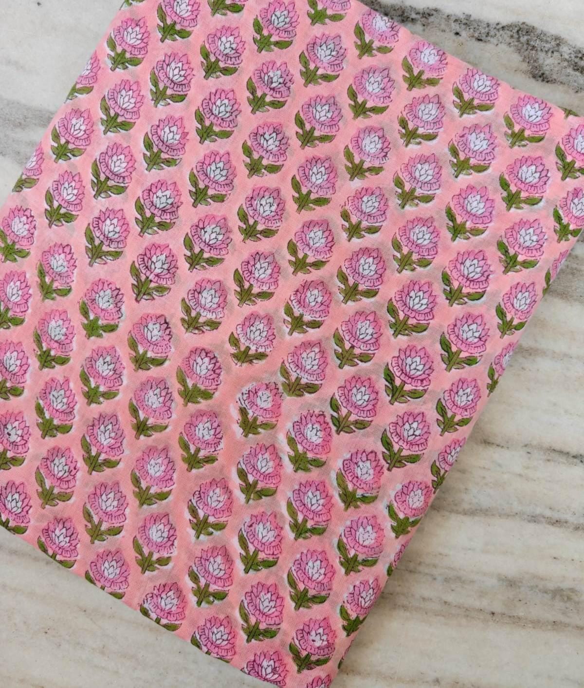 Pink Floral Cotton Fabric, Hand Block Print Fabric, Indian Buti Print Cotton, Soft Lightweight Fabric for Dressmaking, Quilting & Crafts