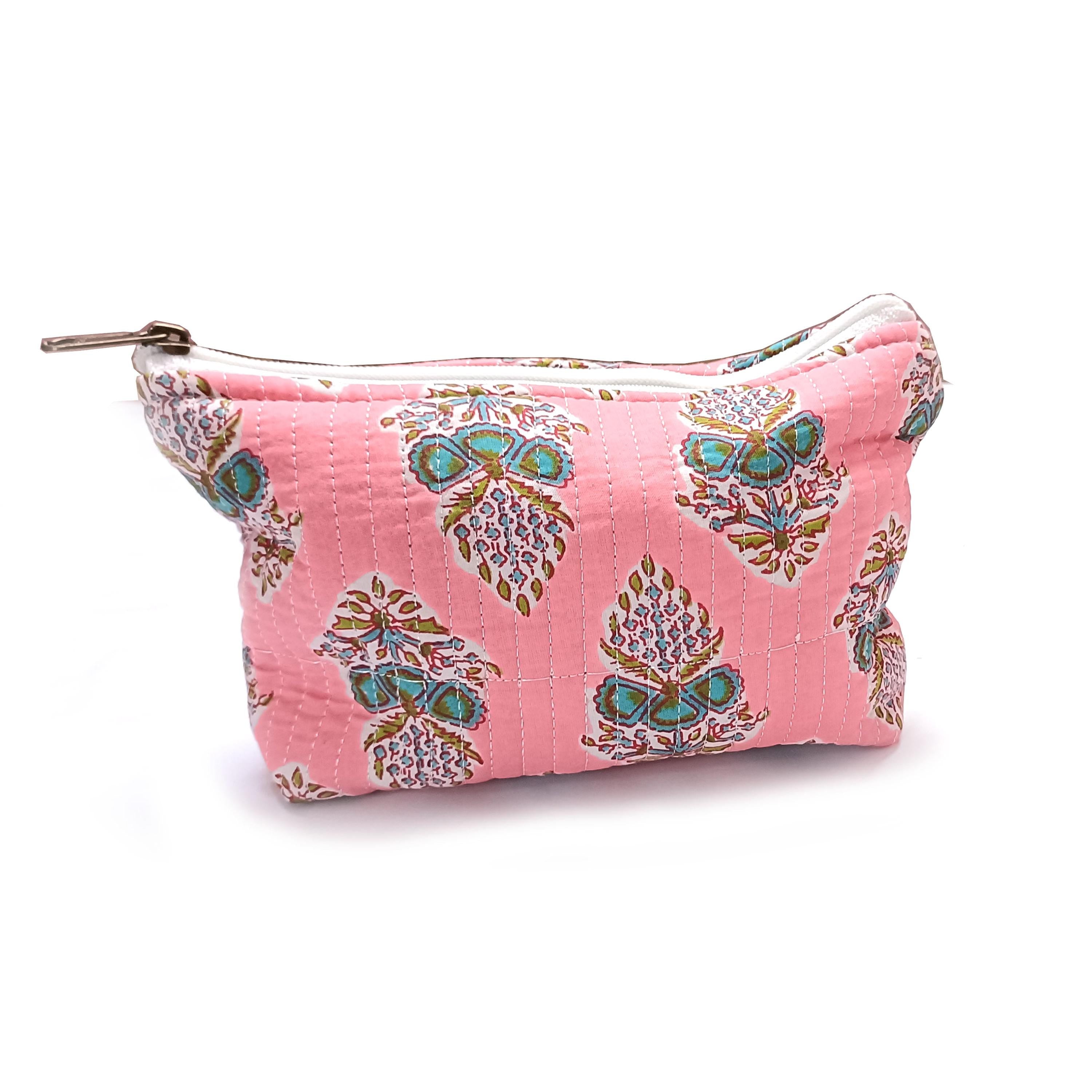 Pink Floral Quilted Pouch: Cotton Makeup Cosmetic Bag