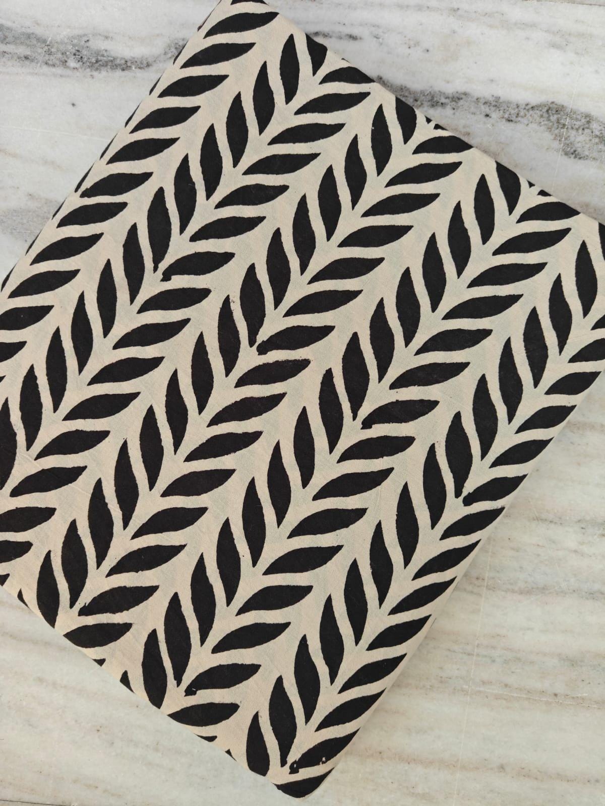 Black Leaf Print Cotton Fabric, Modern Botanical Hand Block Fabric, Home Decor By The Yard, Fabric For Dress Making, Loose Running Fabric